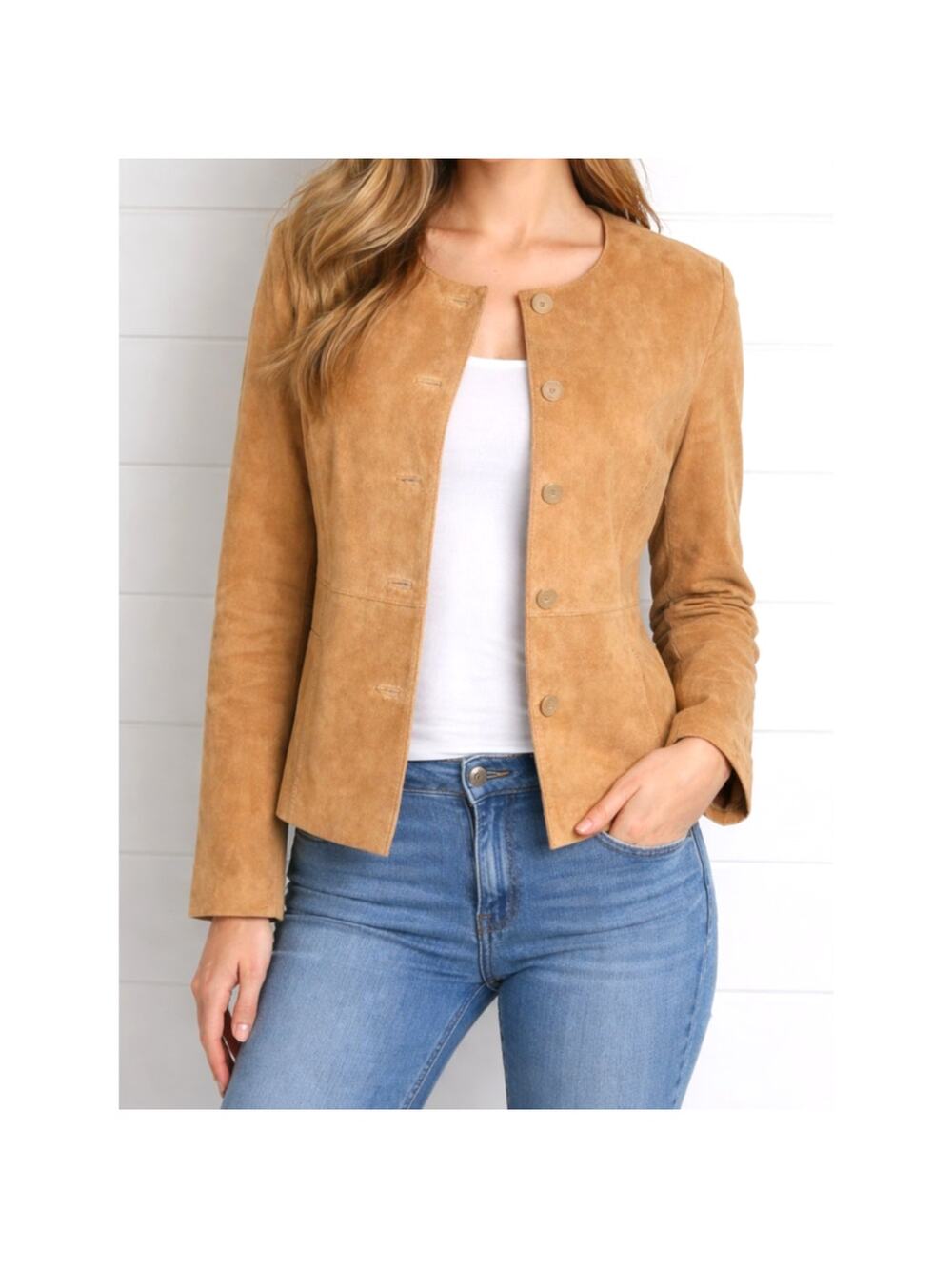 Vintage Y2K Suede Leather Jacket Womens 14 Tan Button Up Minimalist Quiet Luxury